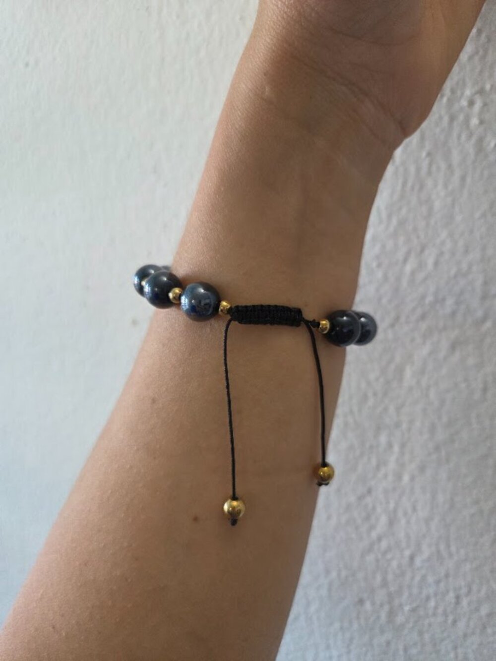 Unisex Dark Metallic Gray Bead Adjustable Macrame Bracelet Gold Accents - Picture 4 of 11